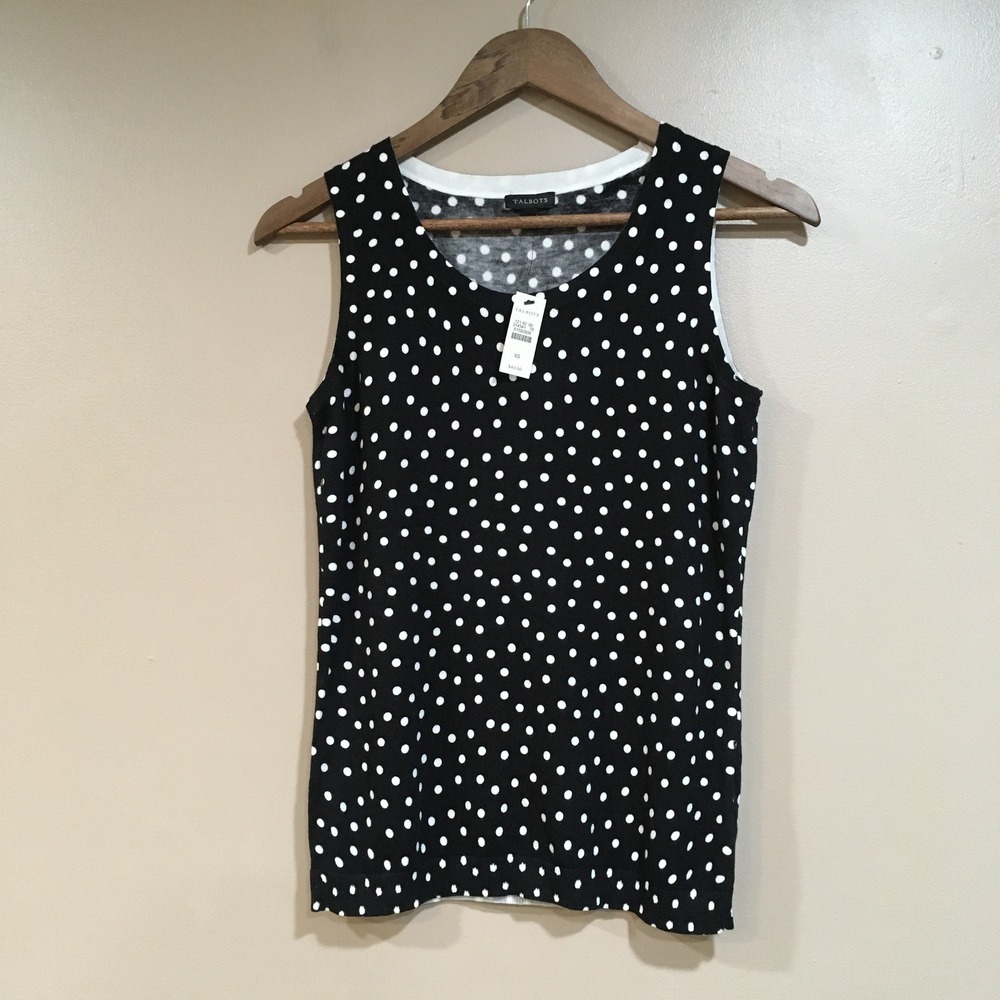 Talbots Polka Dot Shell Tank Top Womens XS Black White Classic Preppy Retro Work